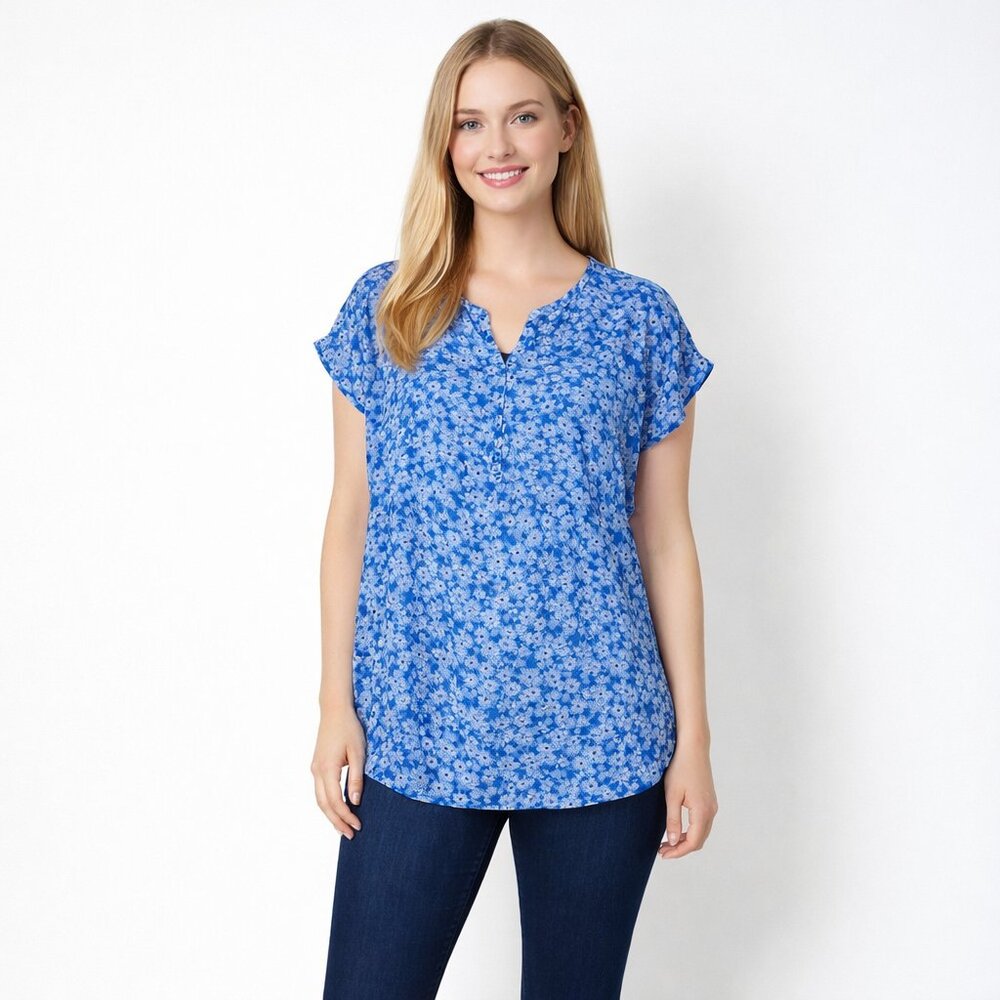2/$30 Banana Republic Floral Print Split Neck Blouse Short Sleeve Blue #A1682